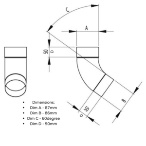 diagram of 87mm dia, steel 60° downpipe bend - plain galvanised dimensions
