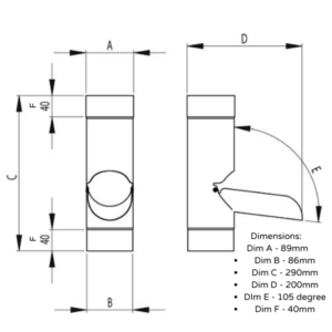 diagram of 87mm dia, steel manual rainwater diverter - plain galvanised dimensions