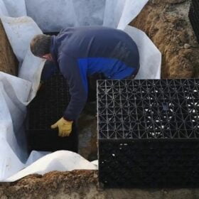 blog image of soakaway crates being installed on top of non woven geotextile membrane