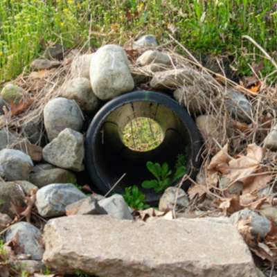 image of french drain with rocks for choosing a herringbone drainage system blog