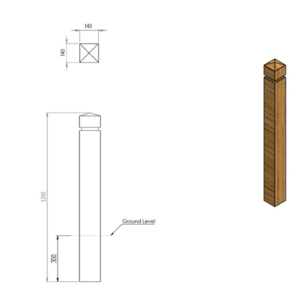 seaton 140 timber bollard - dimensions diagram