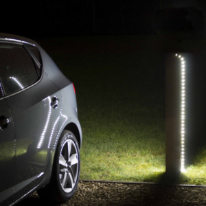 product gallery image of sway flow timber bollard with led lights installed outside in the dark