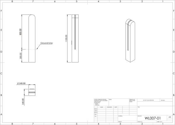 line drawing of sway flow timber bollard with led lights line drawing with measurements
