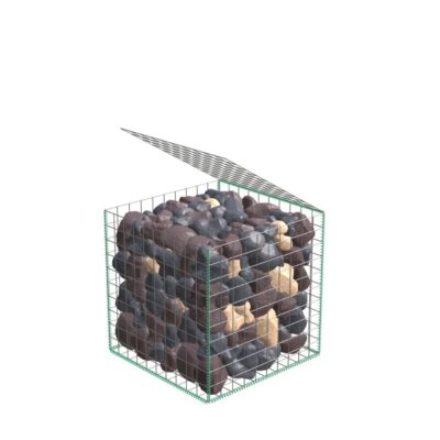 product installation graphic of gabion basket assembly filling with stones