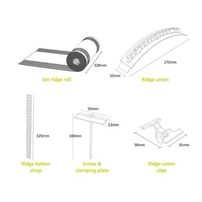 image showing the dimensions of the individual items in the universal dry fix ridge kit - dry ridge system - 6m